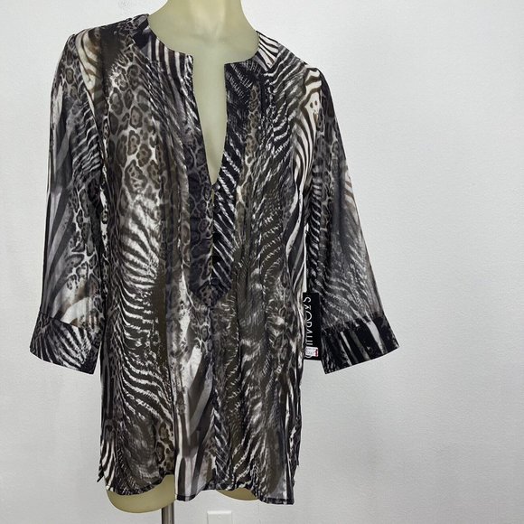 Sao Paulo Brown Animal print top tunic Size Small 36 Semi Sheer Womens New $133 - Picture 2 of 6